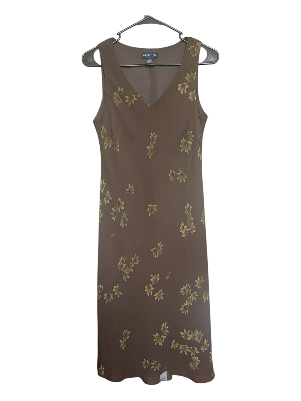 Ann Taylor Y2K VTG 100% Silk Midi Minimalist Leaf Print Dress V-Neck Brown SZ 6